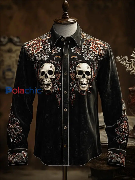 Chemise rétro à manches longues à imprimé crâne décontracté pour hommes comme image / S