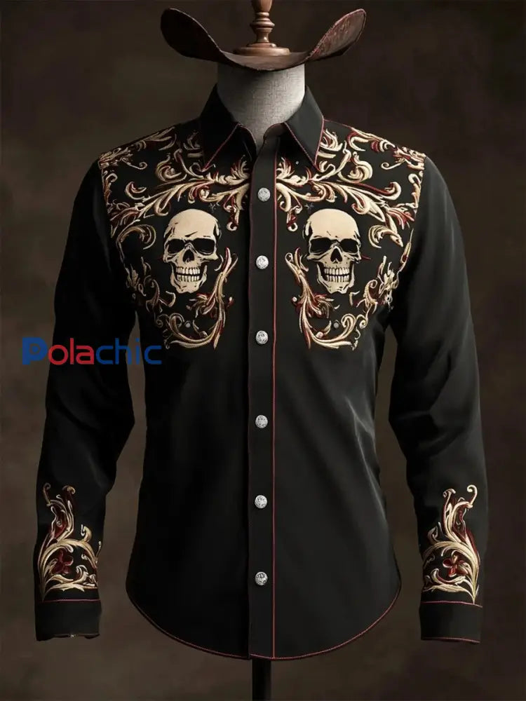Chemise rétro à manches longues à imprimé crâne décontracté pour hommes comme image / S