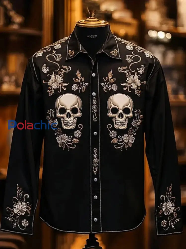 Chemise rétro à manches longues à imprimé crâne décontracté pour hommes comme image / S