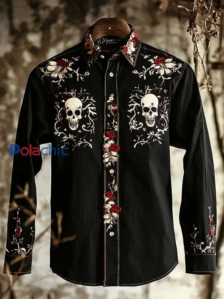 Chemise rétro à manches longues à imprimé crâne décontracté pour hommes comme image / S