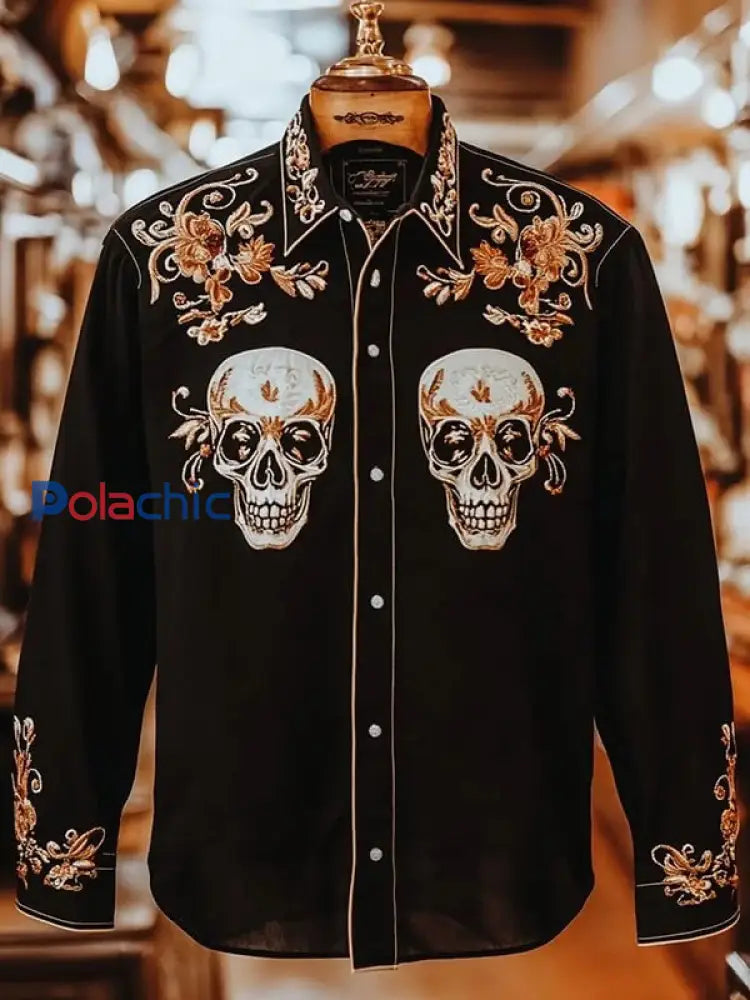 Chemise rétro à manches longues à imprimé crâne décontracté pour hommes comme image / S