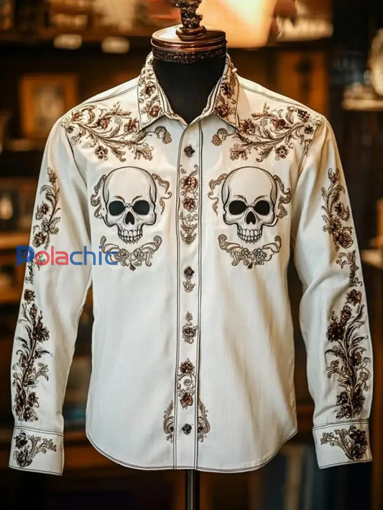 Chemise rétro à manches longues à imprimé crâne décontracté pour hommes comme image / S