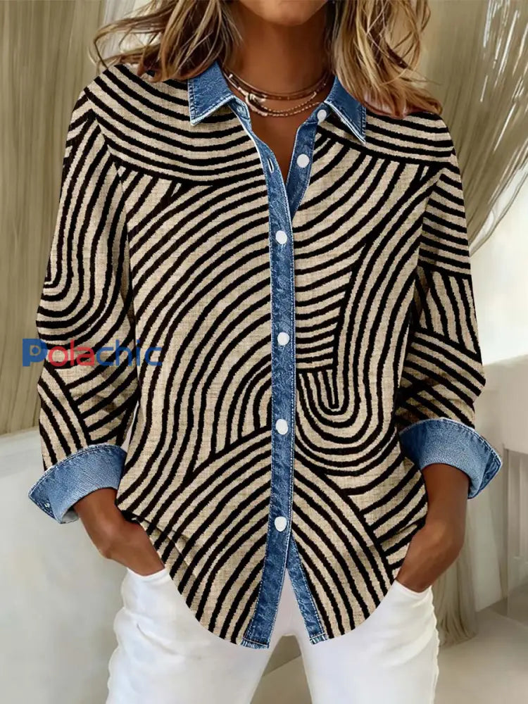 Chemise Vintage Patchwork Abstrait Art Line Print Femme comme image / S