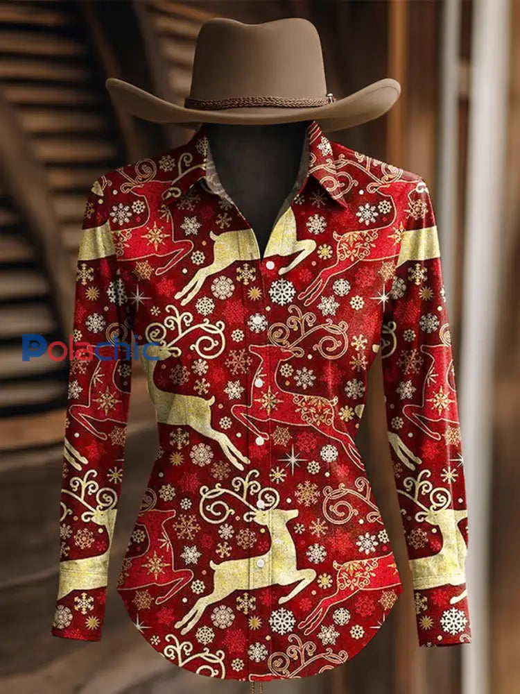 Chemise western à manches longues pour femmes Christmas Elk Print Rouge / S