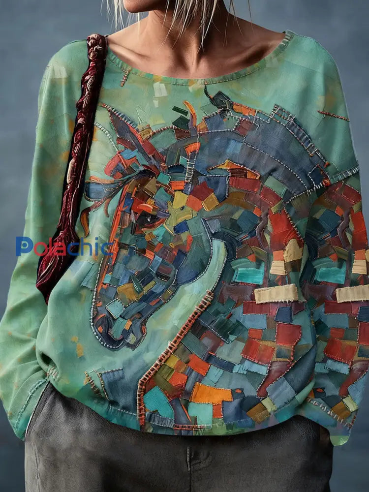 Chevaux Art Imprimé Tops pour femmes Vert / S