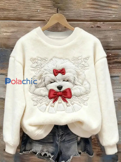 Chien de sommeil de Noël brodé confortable en peluche Sweatshirt des femmes Blanc / S