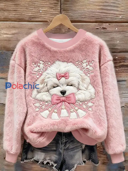 Chien de sommeil de Noël brodé confortable en peluche Sweatshirt des femmes Rose / S
