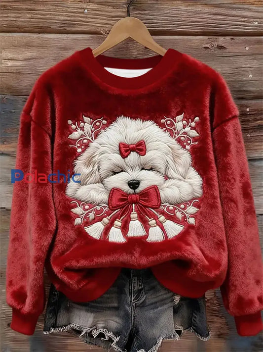 Chien de sommeil de Noël brodé confortable en peluche Sweatshirt des femmes Rouge / S