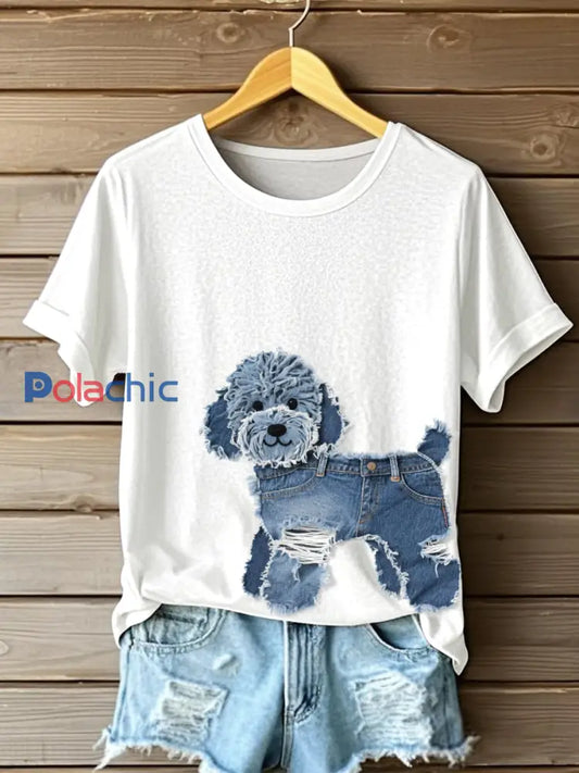 Chien Mignon Denim Patchwork Art T-shirt des femmes Blanc / S
