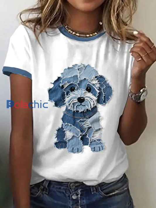 Chien Mignon Denim Patchwork Art T-shirt des femmes Blanc / S