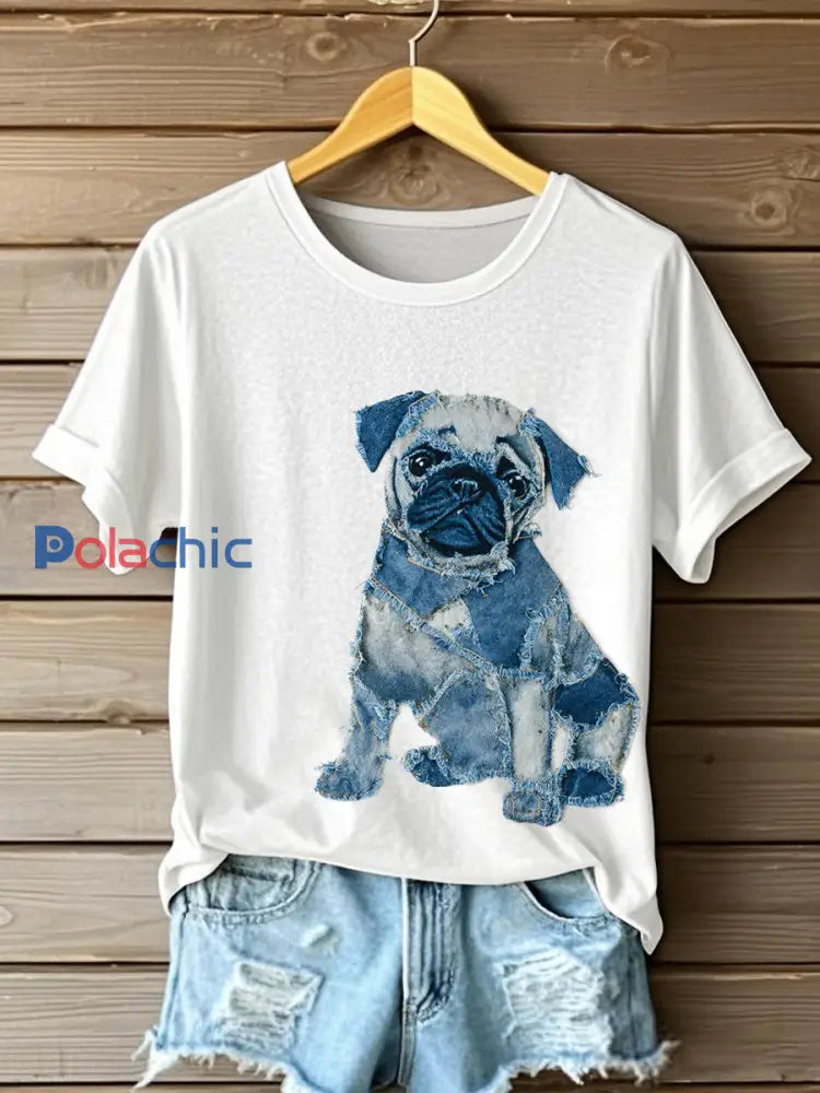 Chien mignon Patchwork Art T-shirt à manches courtes des femmes Blanc / S