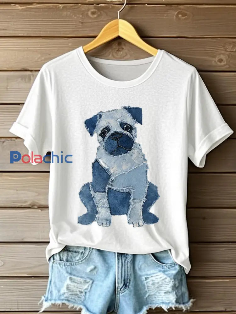 Chien mignon Patchwork Art T-shirt à manches courtes des femmes Blanc / S
