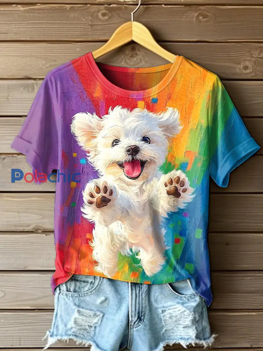 Chien mignon peinture à l’huile Art manches courtes T-shirt des femmes comme image / S