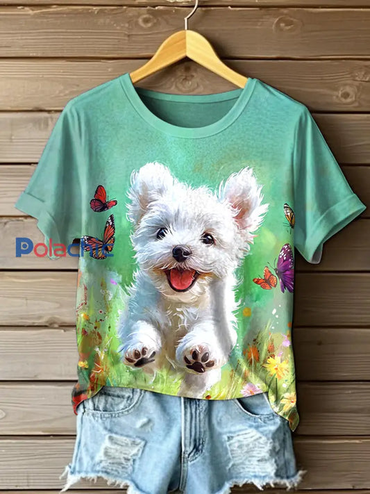 Chien mignon peinture à l’huile Art manches courtes T-shirt des femmes comme image / S