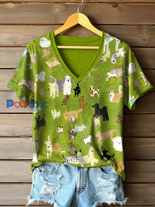 Chien mignon peinture à l’huile Art Print V-Neck T-Shirt des femmes Vert / S