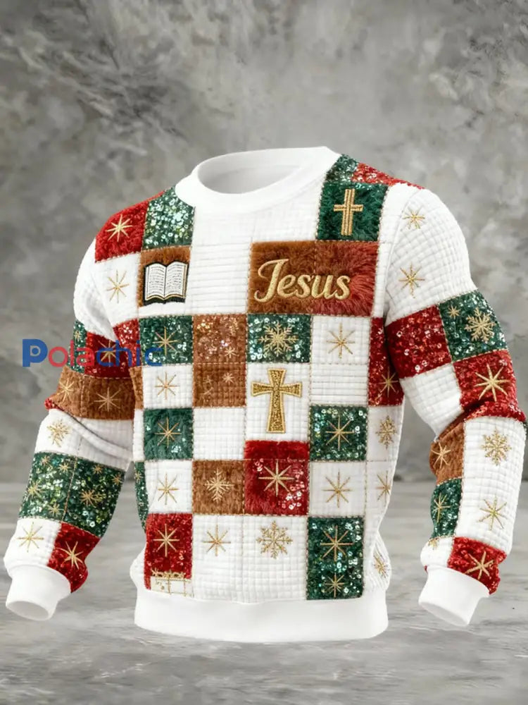 Christmas Splicing Faith Print Sweatshirt pour hommes Blanc / S