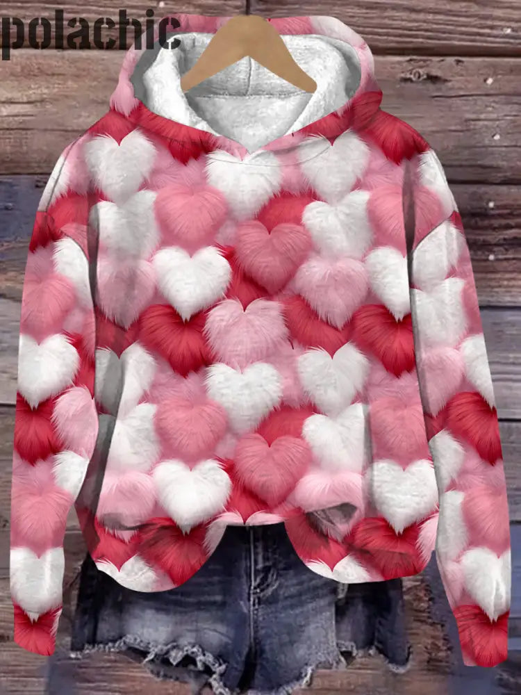 Coeur En Peluche Rose De La Saint-Valentin Imprimé Col Rond Pull À Capuche Manches Longues Vrac A