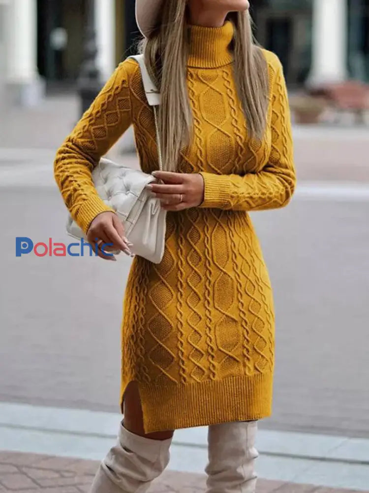 Col roulé d’hiver des femmes coupe serrée Sexy Hip-Wrap robe pull en laine Gingembre / S