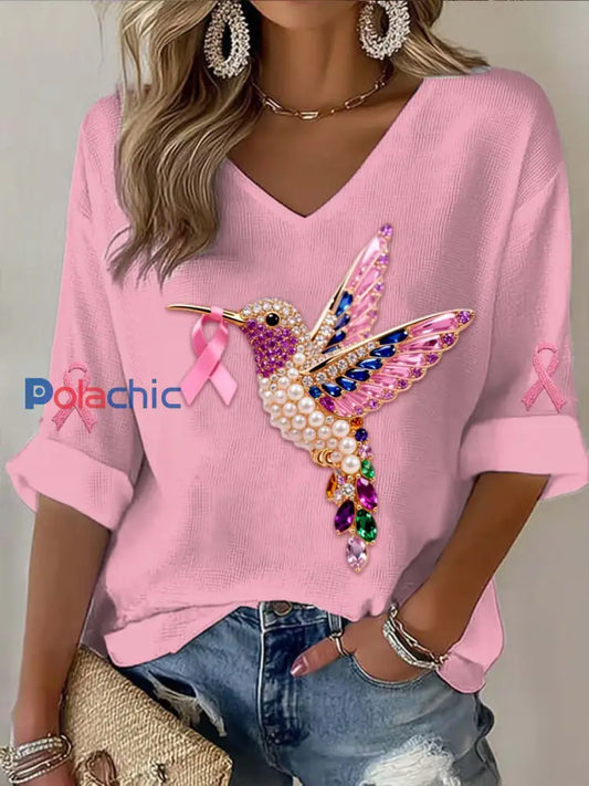Colibri de cancer du sein vintage perles colorées abstraites impression casual coton manches longues T Shirt Rose / S