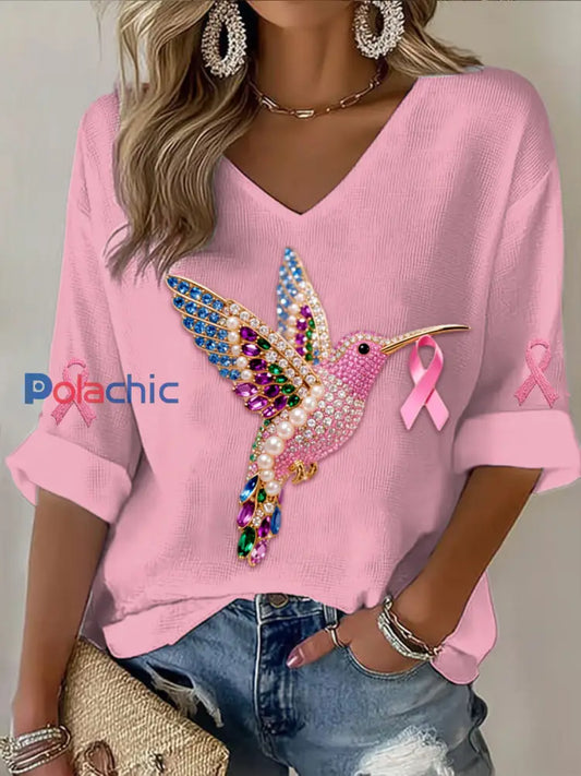 Colibri de cancer du sein vintage perles colorées abstraites impression casual coton manches longues T Shirt Rose / S