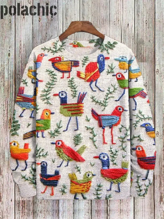 Colorful Birds Embroidery Art Pattern Print Sweatshirt Beige / S