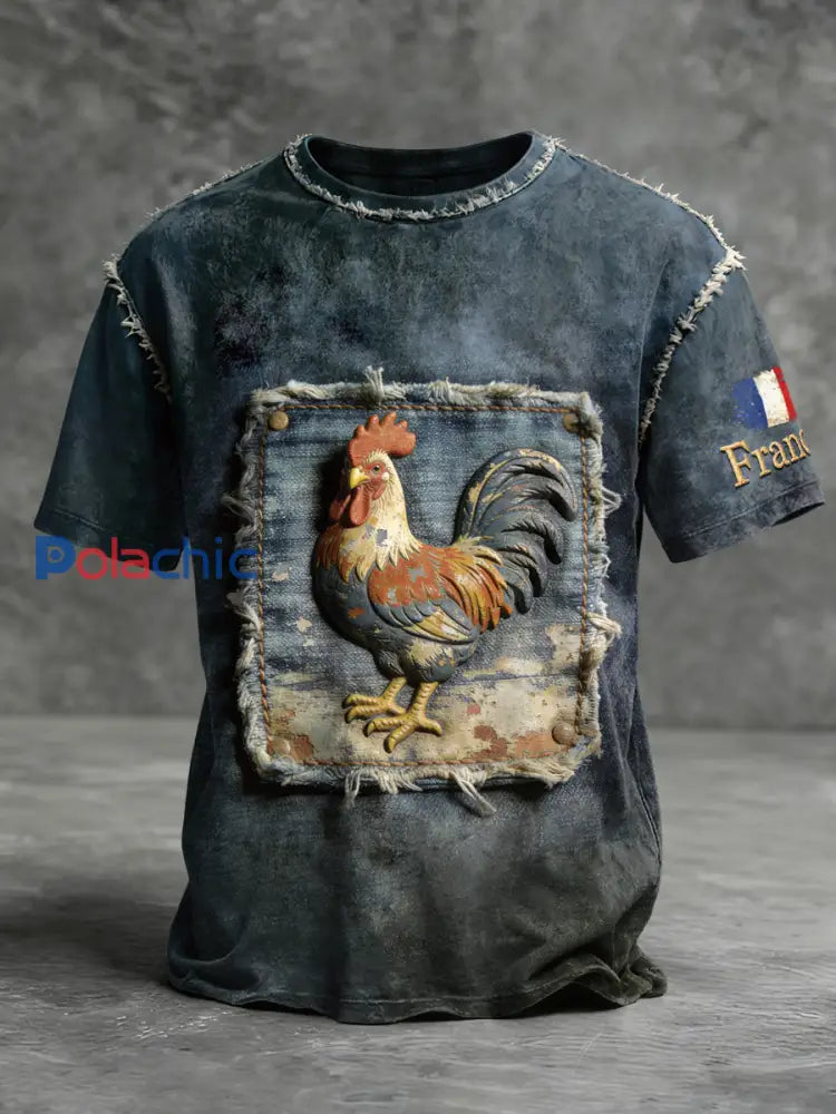 Coq français Imitation Denim Print Vintage T-Shirt des hommes Bleu Marine / S