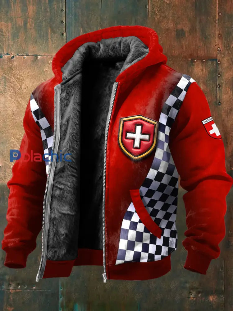 Costume de course à carreaux avec logo du drapeau suisse pour hommes veste doublée de leece Rouge / S