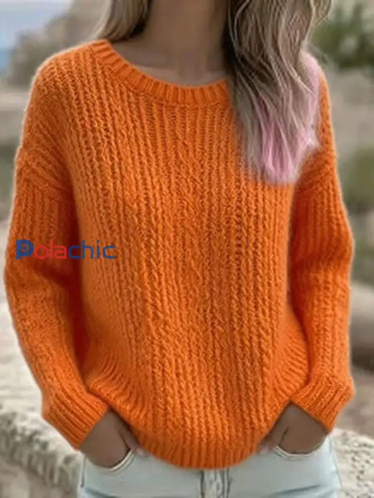 Couleur unie Casual Crew Neck Top des femmes Orange / S