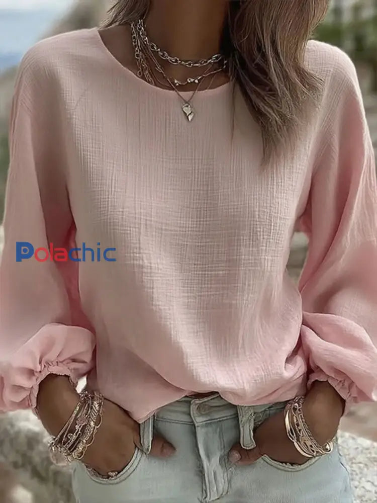 Couleur unie Casual Crew Neck Top des femmes rose clair / S