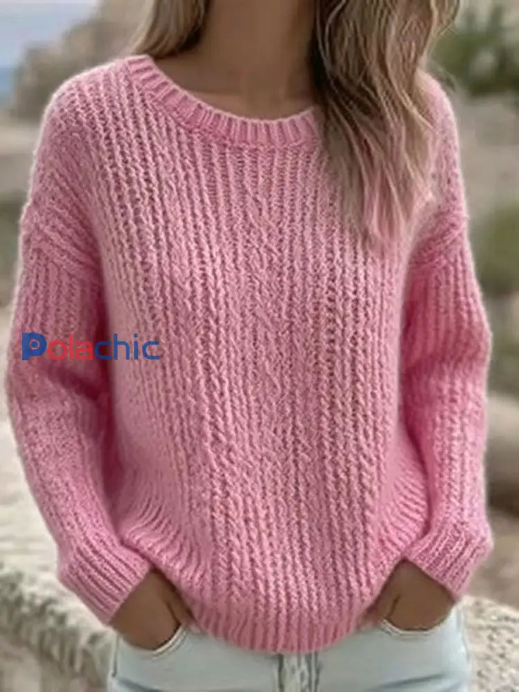 Couleur unie Casual Crew Neck Top des femmes Rose / S