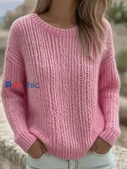 Couleur unie Casual Crew Neck Top des femmes Rose / S