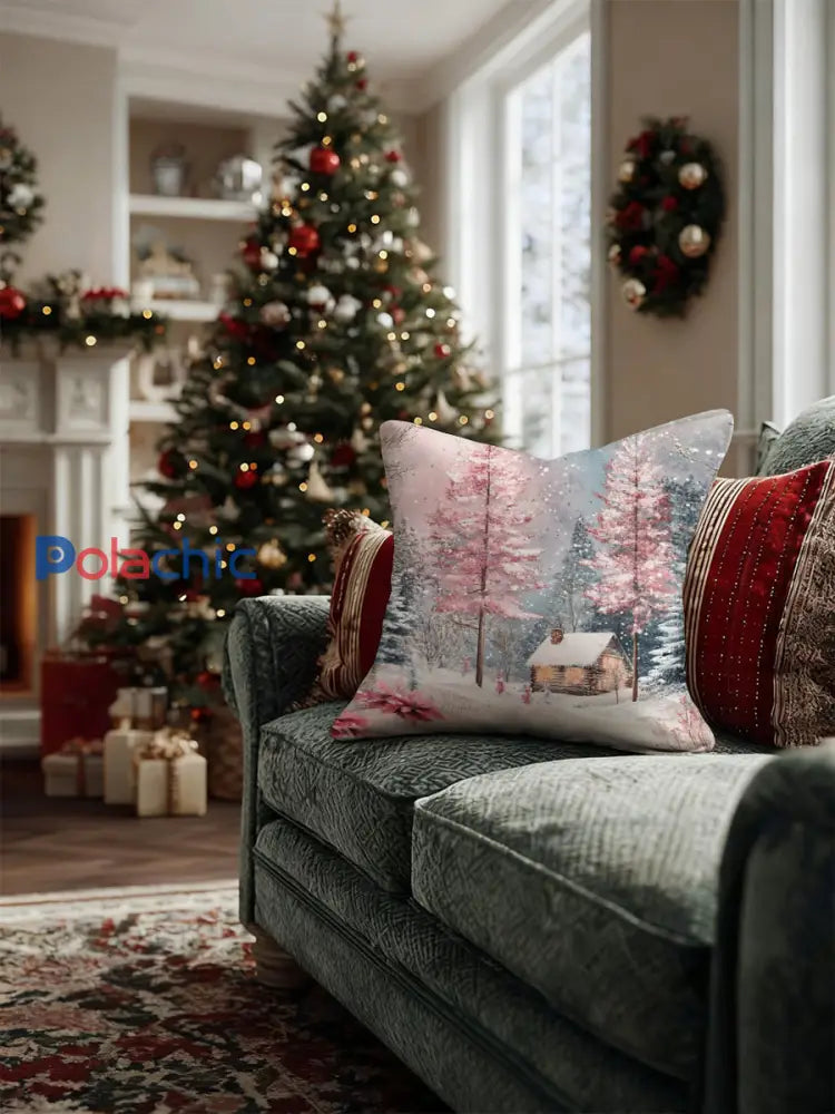 Coussin de noël arbre et cabane rose Multicolore