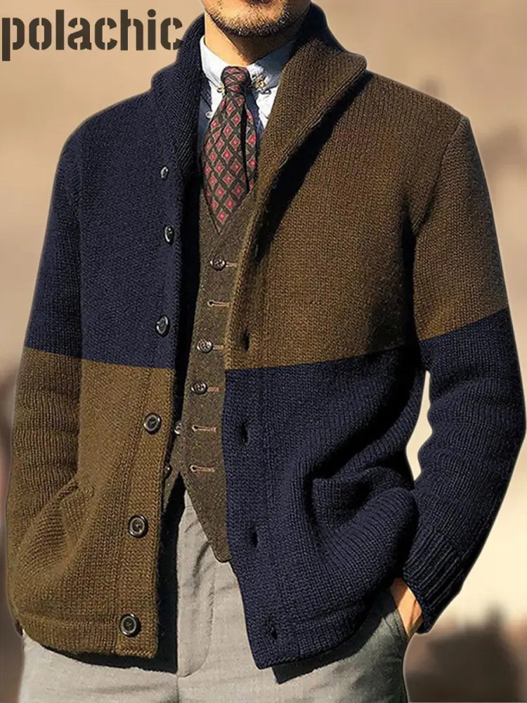 Cowboy Texture Western Village Chasse Bouton V-Cou En Plein Air Épais Tricot Cardigan Bleu Foncé / M