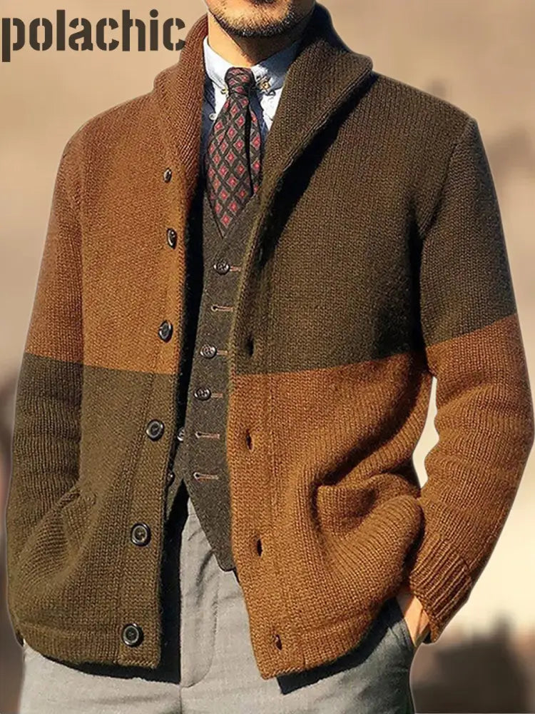 Cowboy Texture Western Village Chasse Bouton V-Cou En Plein Air Épais Tricot Cardigan Marron / M