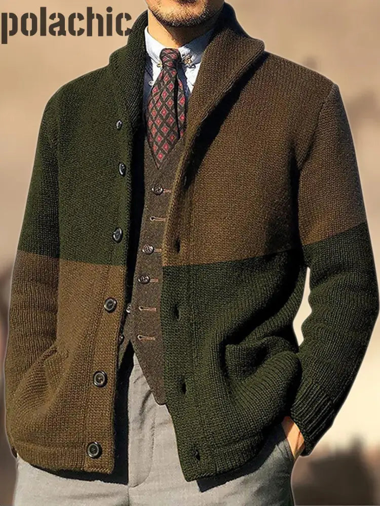 Cowboy Texture Western Village Chasse Bouton V-Cou En Plein Air Épais Tricot Cardigan Vert Armée / M