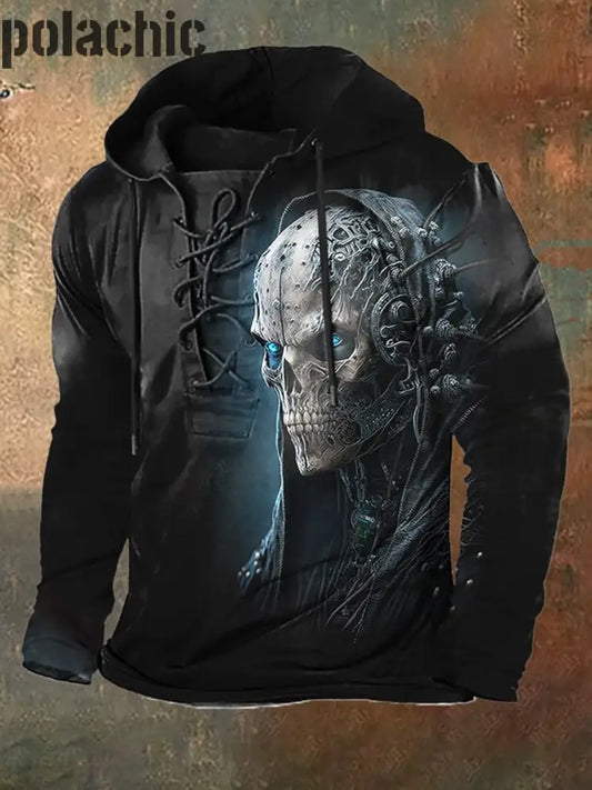 Crâne Vintage Art Print Épais À Manches Longues Capuche Drawstring Sports Top Des Hommes A / S