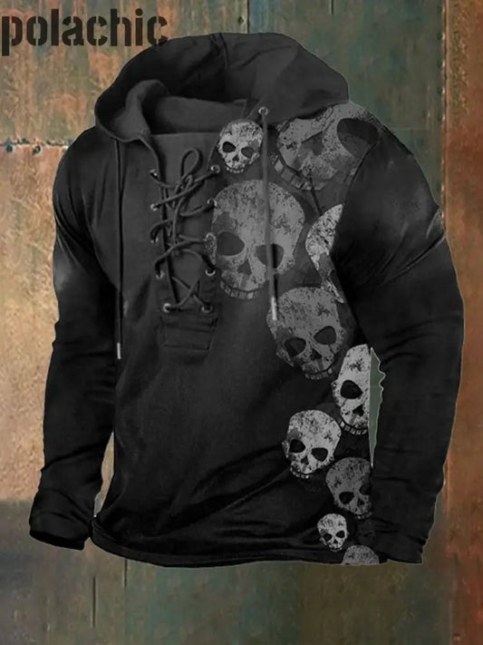 Crâne Vintage Art Print Épais À Manches Longues Capuche Drawstring Sports Top Des Hommes A / S