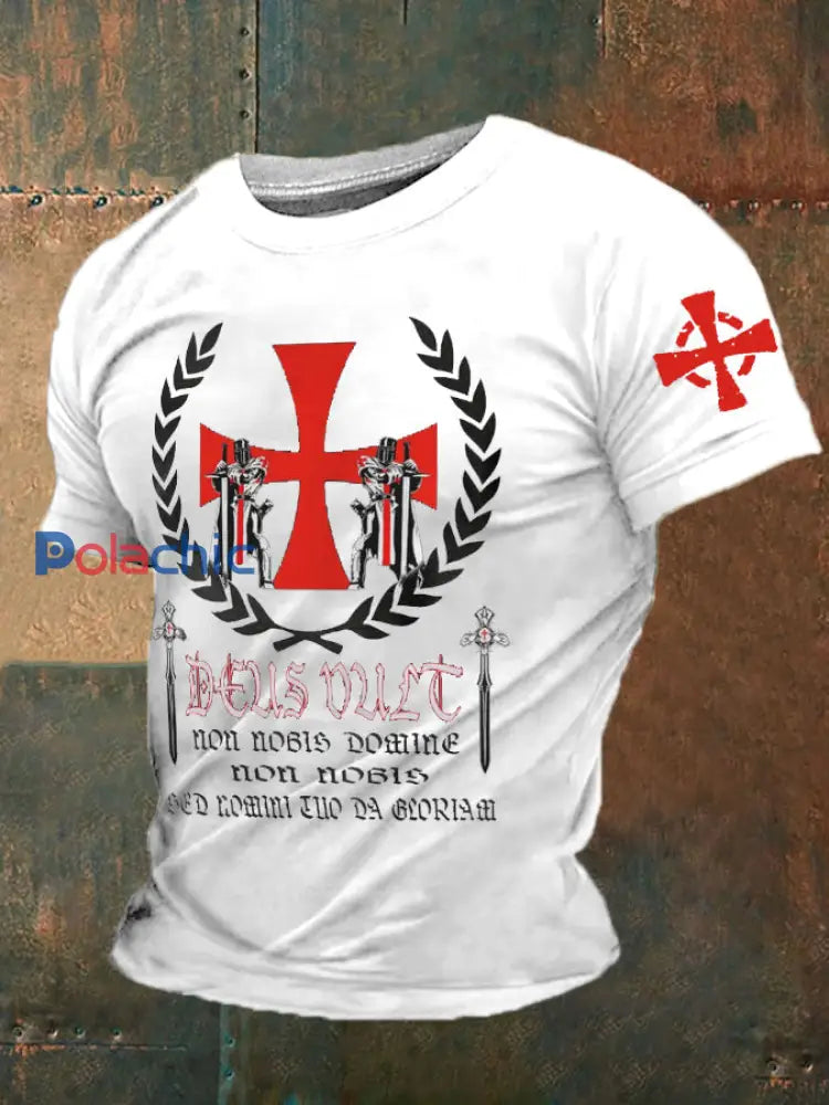 Croisés catholiques Deus vult God Wills It T-shirt imprimé pour hommes Blanc / S