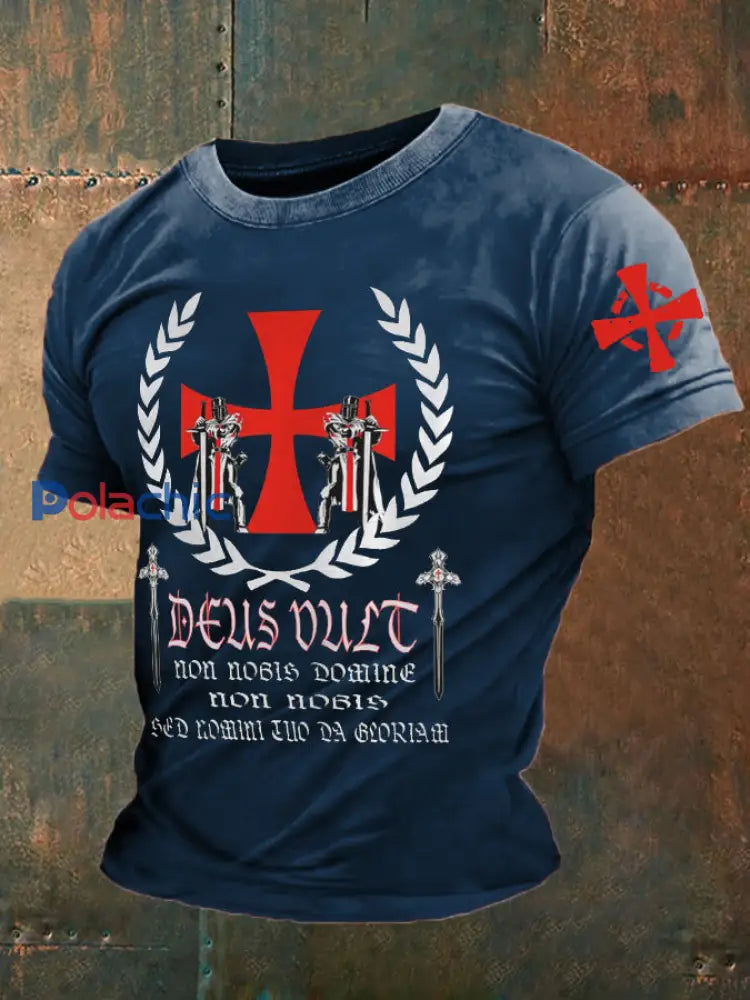 Croisés catholiques Deus vult God Wills It T-shirt imprimé pour hommes Bleu Marine / S