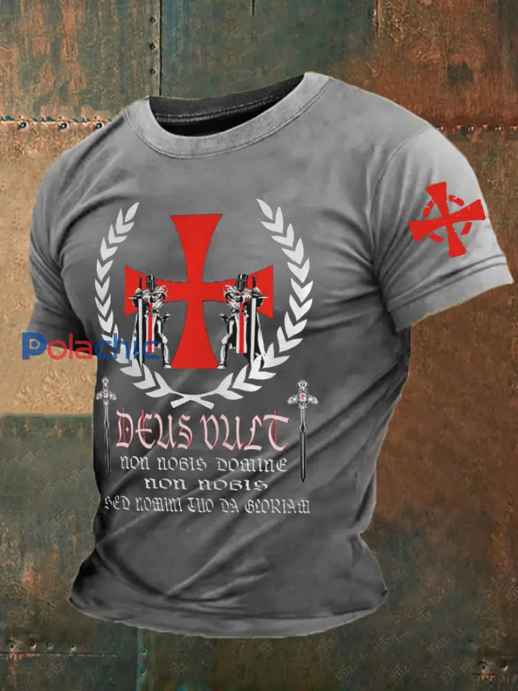 Croisés catholiques Deus vult God Wills It T-shirt imprimé pour hommes Gris Clair / S