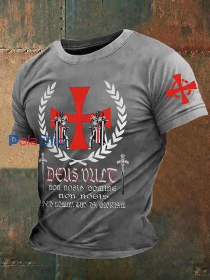 Croisés catholiques Deus vult God Wills It T-shirt imprimé pour hommes Gris Clair / S