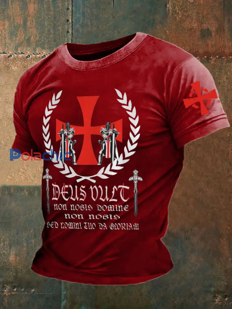 Croisés catholiques Deus vult God Wills It T-shirt imprimé pour hommes Rouge / S