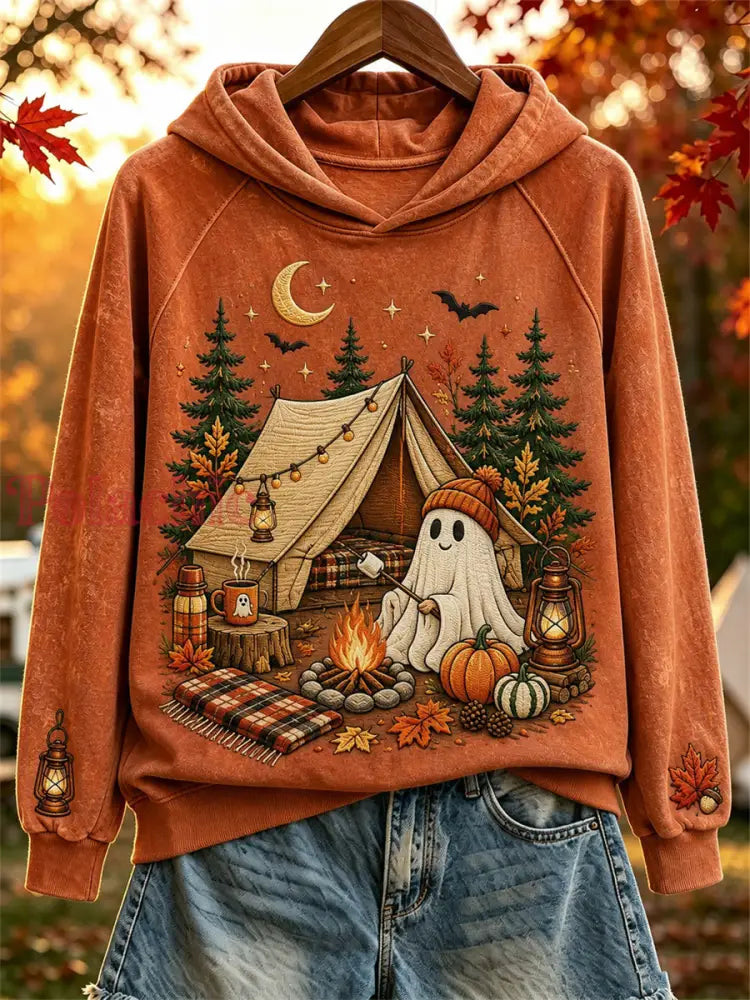 Damska bluza z kapturem na Halloween Duch przytulna na jesień - Pomarańczowy / S