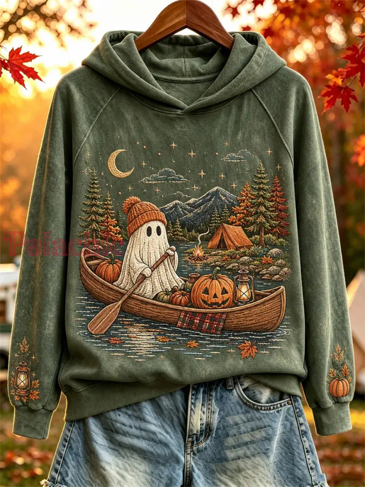 Damska bluza z kapturem na Halloween z nadrukiem upiornego przytulnego jesiennego obozowiska - Ciemnozielony / S