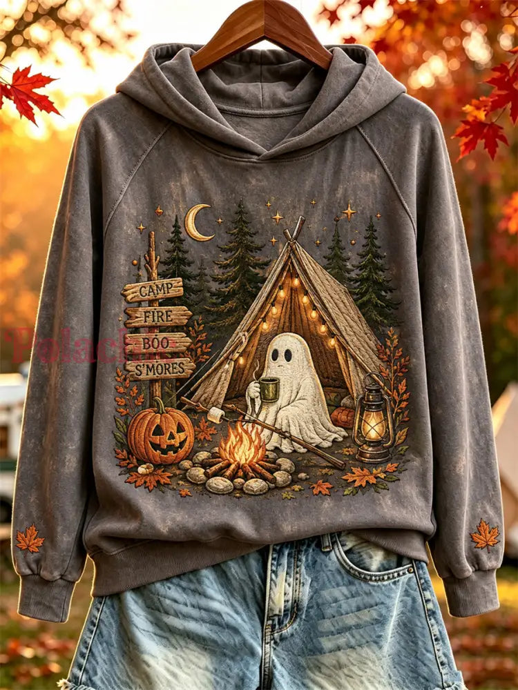 Damska bluza z kapturem na Halloween z nadrukiem upiornego przytulnego jesiennego obozowiska - Ciemny Szary / S
