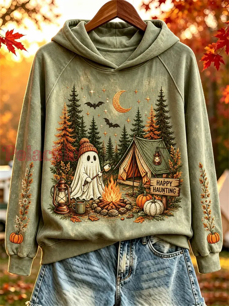 Damska bluza z kapturem na Halloween z nadrukiem upiornego przytulnego jesiennego obozowiska - Zielony / S