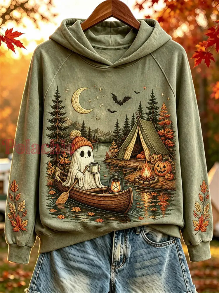 Damska bluza z kapturem na Halloween z nadrukiem upiornego przytulnego jesiennego obozowiska - Zielony / S