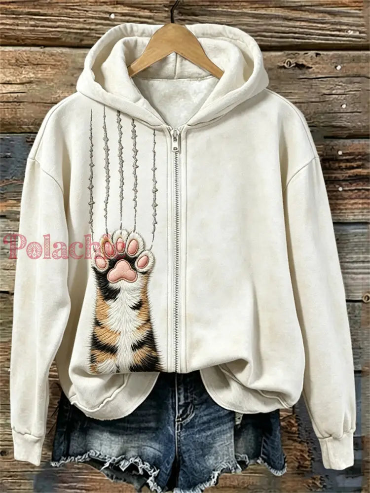 Damska Calico Cat Fuzzy Paw & Zadrapania Nadruk Pełna bluza z kapturem - Kremowo-biały / S
