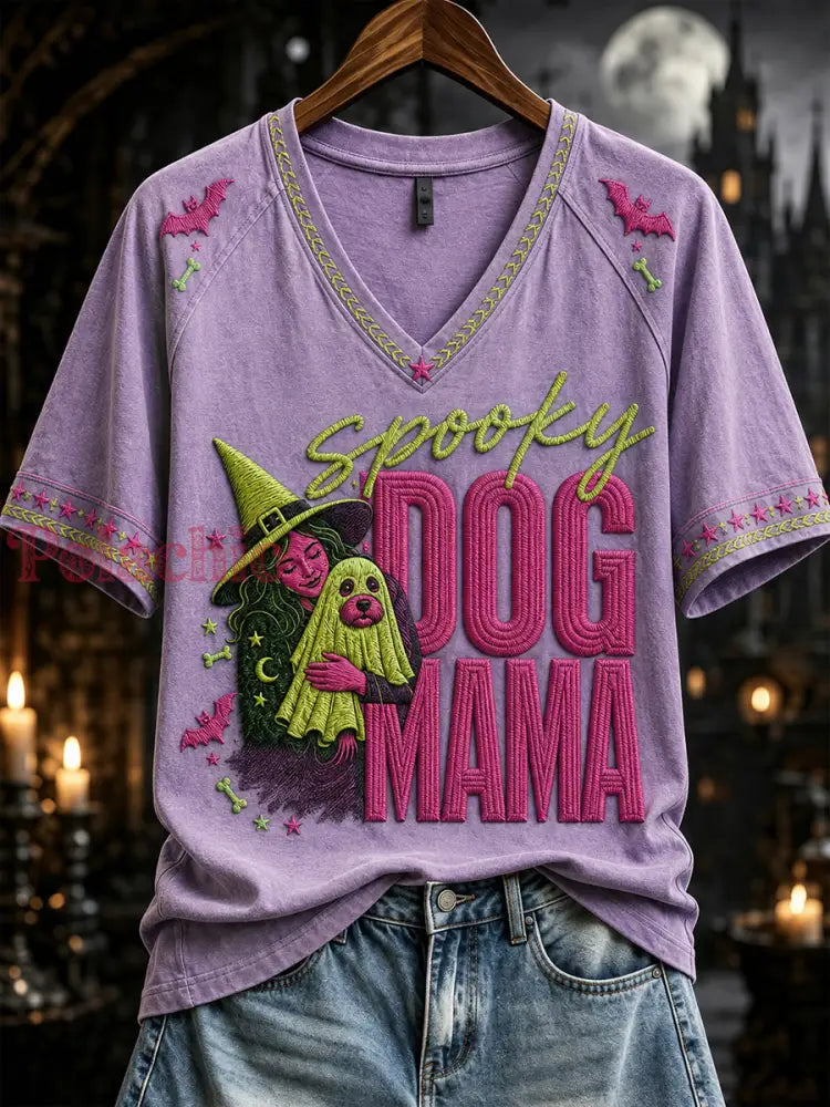 Damska koszulka Halloween Spooky Dog Mama Print z dekoltem w serek T-shirt z krótkim rękawem - Fioletowy / S