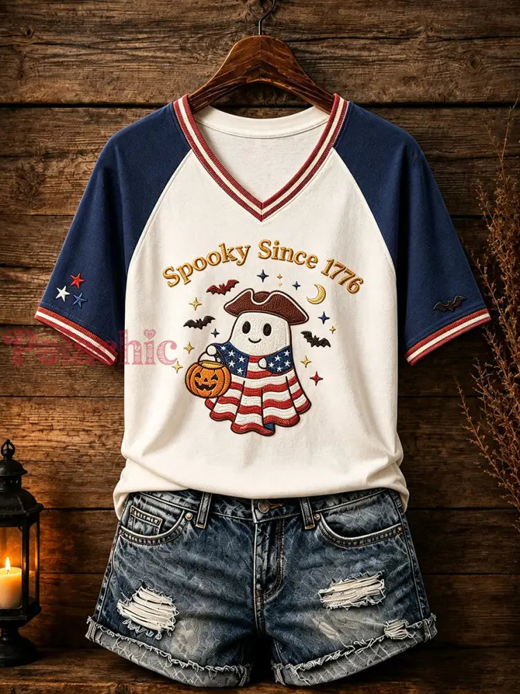 Damska koszulka z dekoltem w serek na Halloween Patriotic Design - Jak na zdjęciu / S